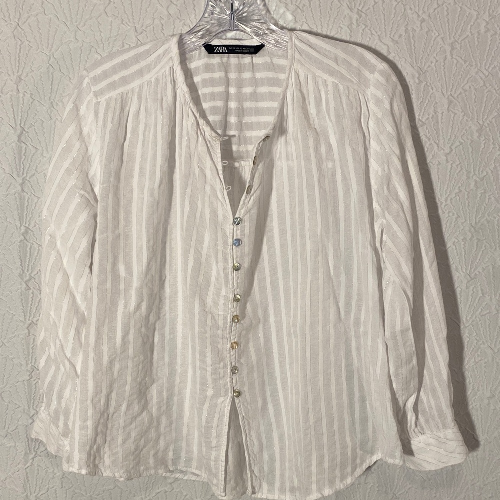 Zara White Silver lined Striped Blouse Whimsy Oversized Free Flowing Layering